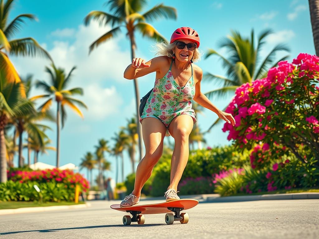 Grandma Skateboarding in Beachside Park, Lowbrow Art