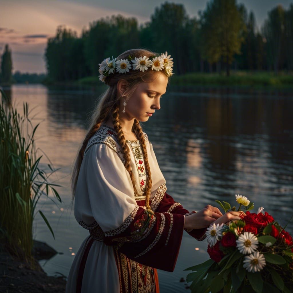 Slavic Girl Sends Flower Crown on River