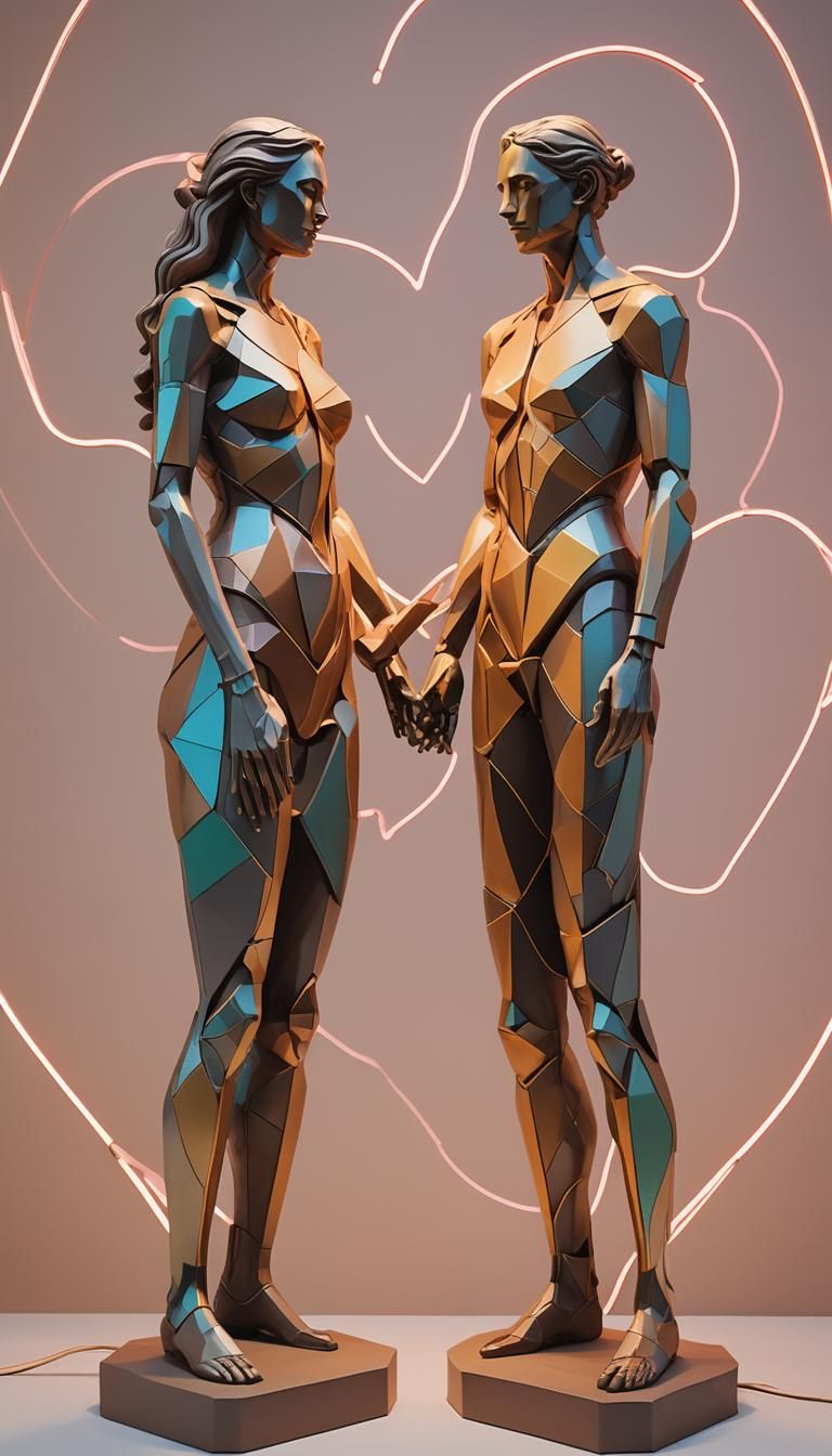 "A sleek and contemporary set of two statues, a male and a female, that are self-sculpting, using minimalistic and geome...