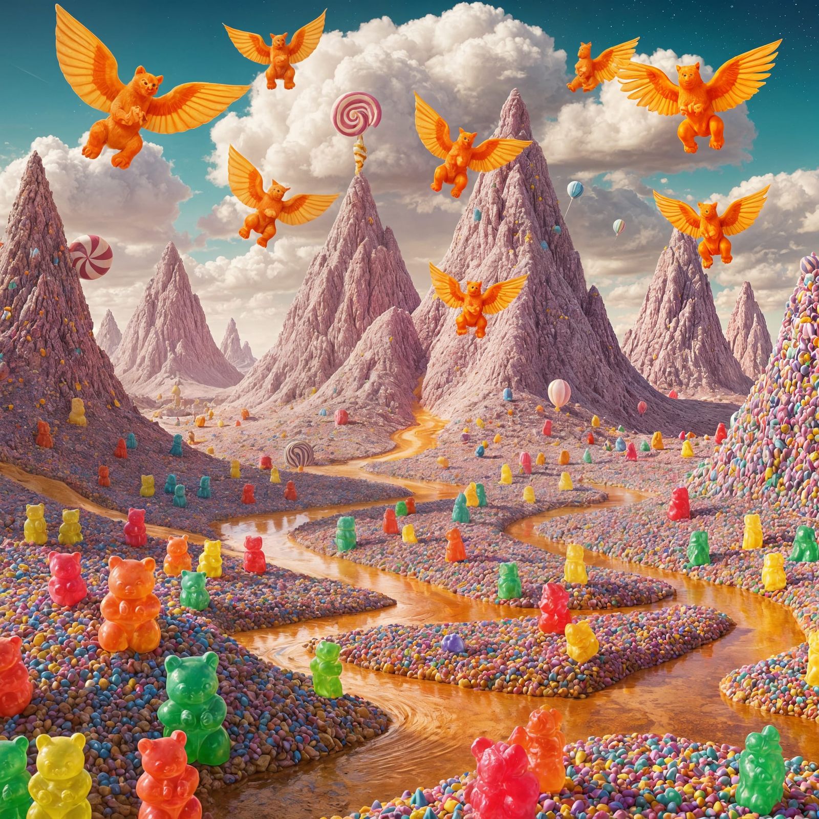 Surreal Candy Mountain Landscape with Caramel Rivers