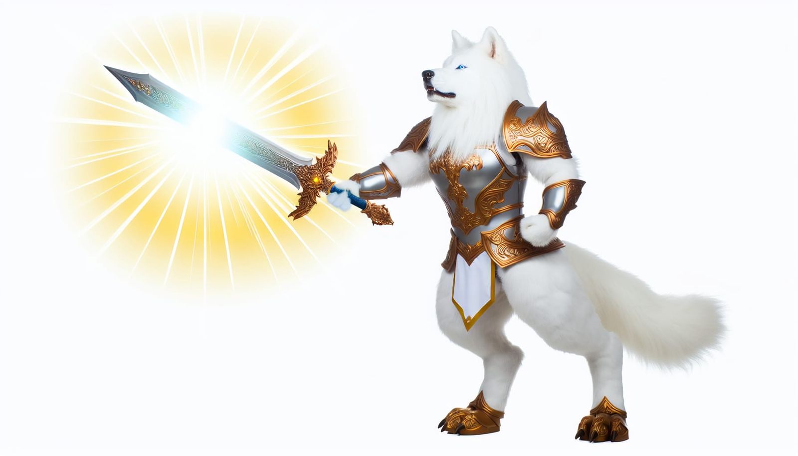 Armored White Wolf Warrior with Sword of Light