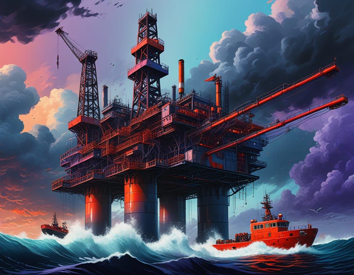 Stormy Ocean Oil Rig in Vibrant Digital Art Style
