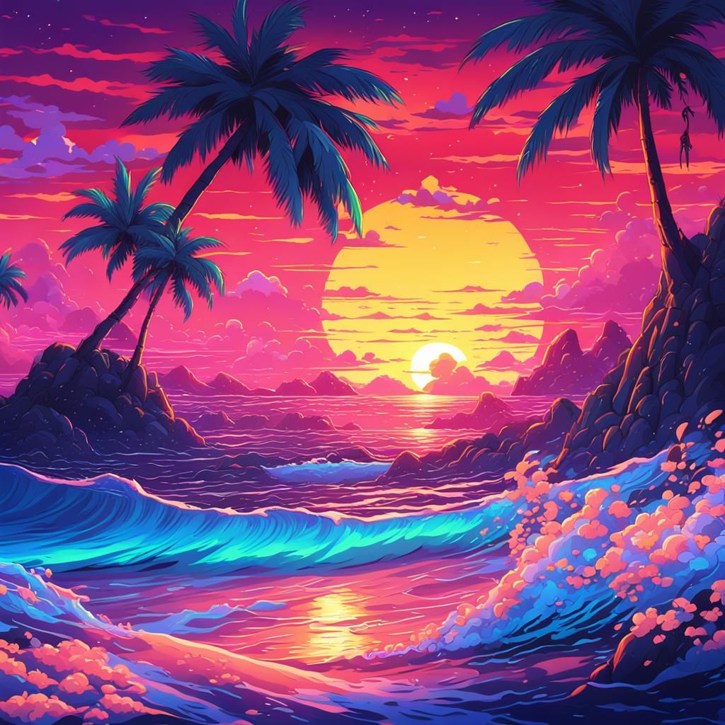 Vibrant Neon Ocean Sunset in Anime Style