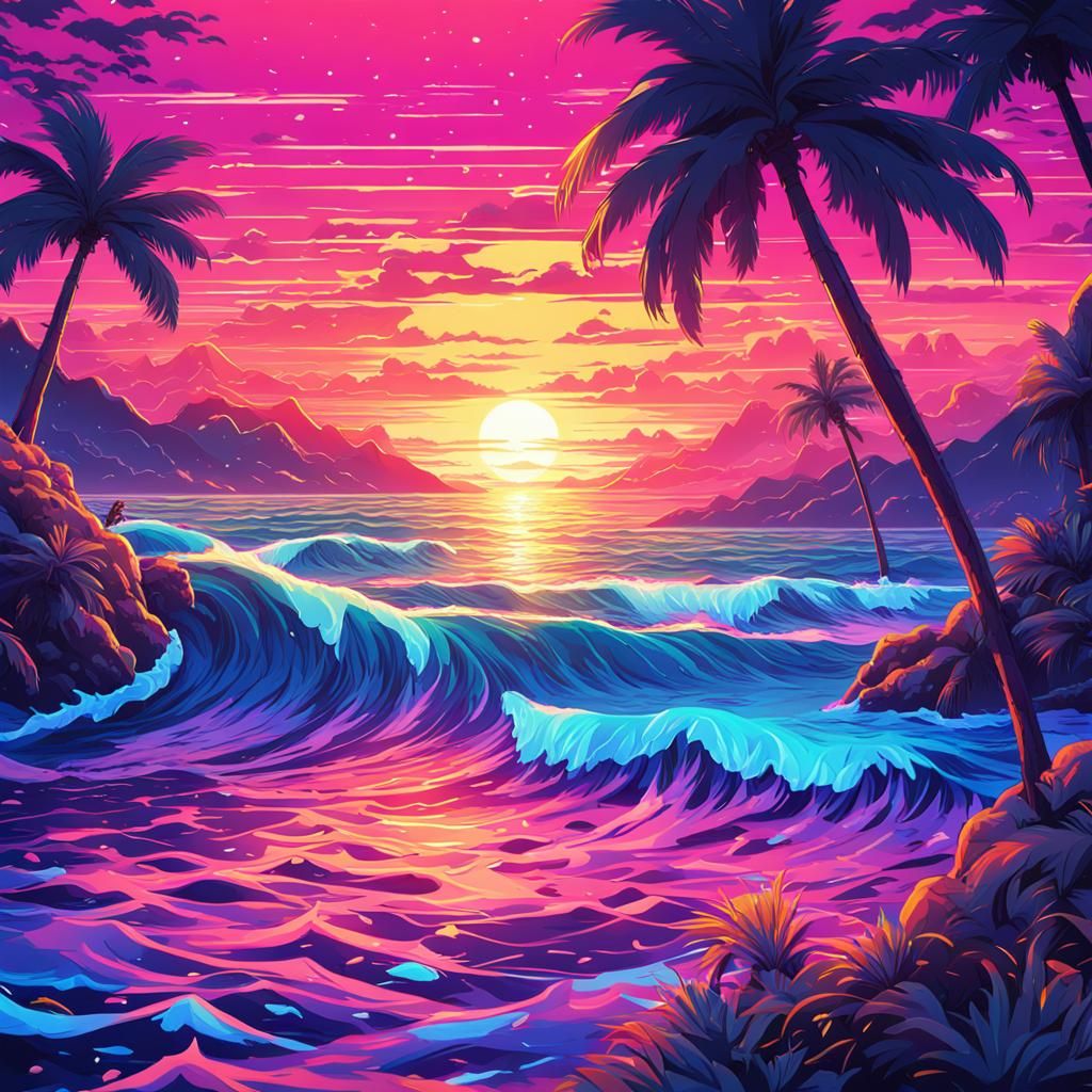 Neon Ocean Sunset in Anime Style, Ultra HD