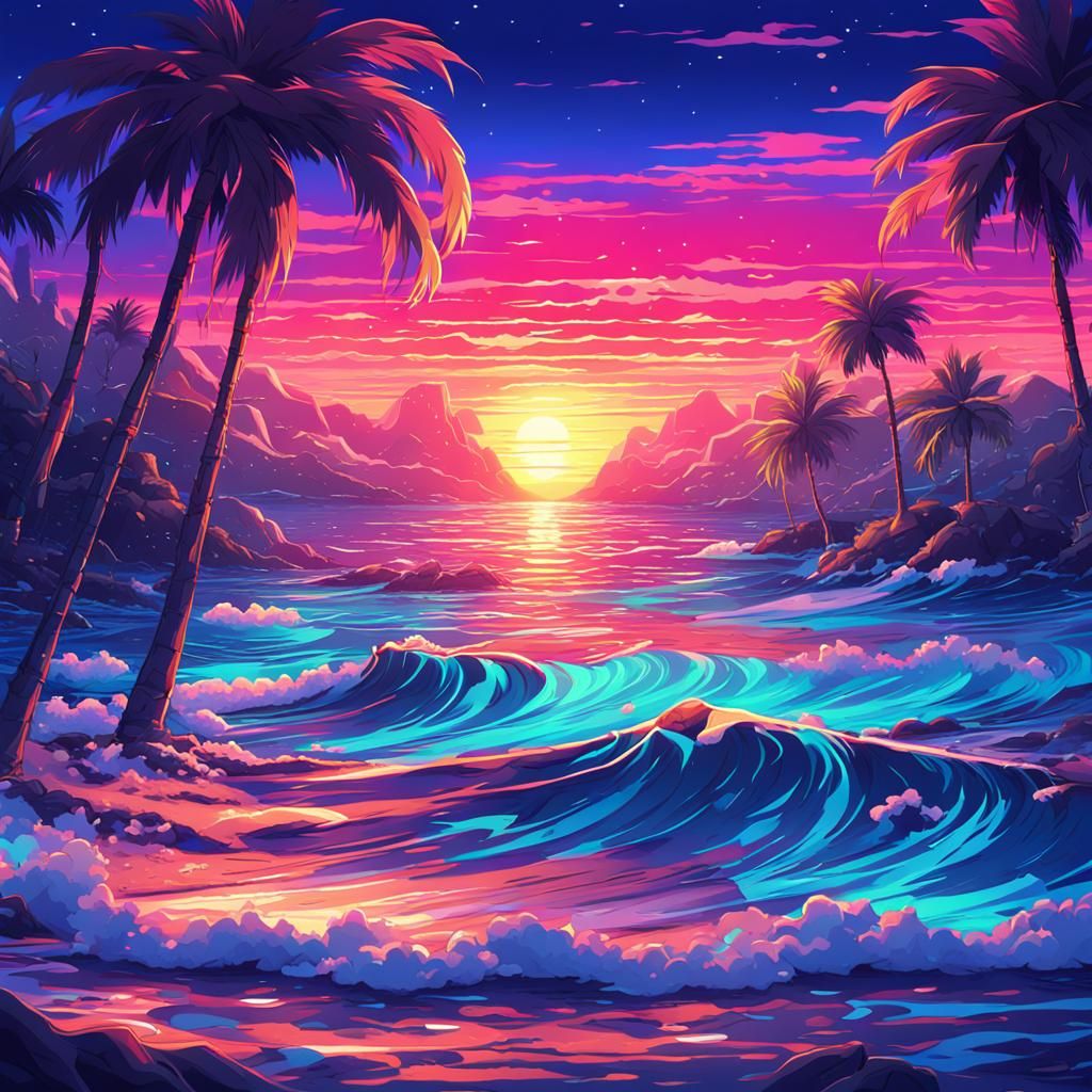 Neon Ocean Sunset in Anime Art Style