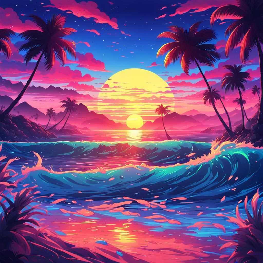 Neon Ocean Sunset in Anime Style Ultra 4K
