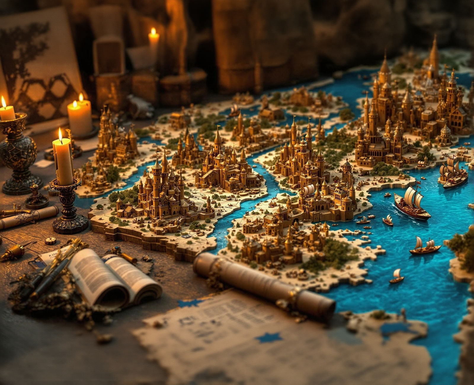 Detailed 3D Wooden Map with Miniature Kingdom