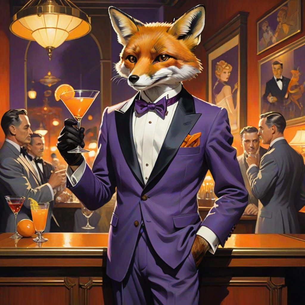 Fox in Tuxedo at Jazz Club: Oil Painting