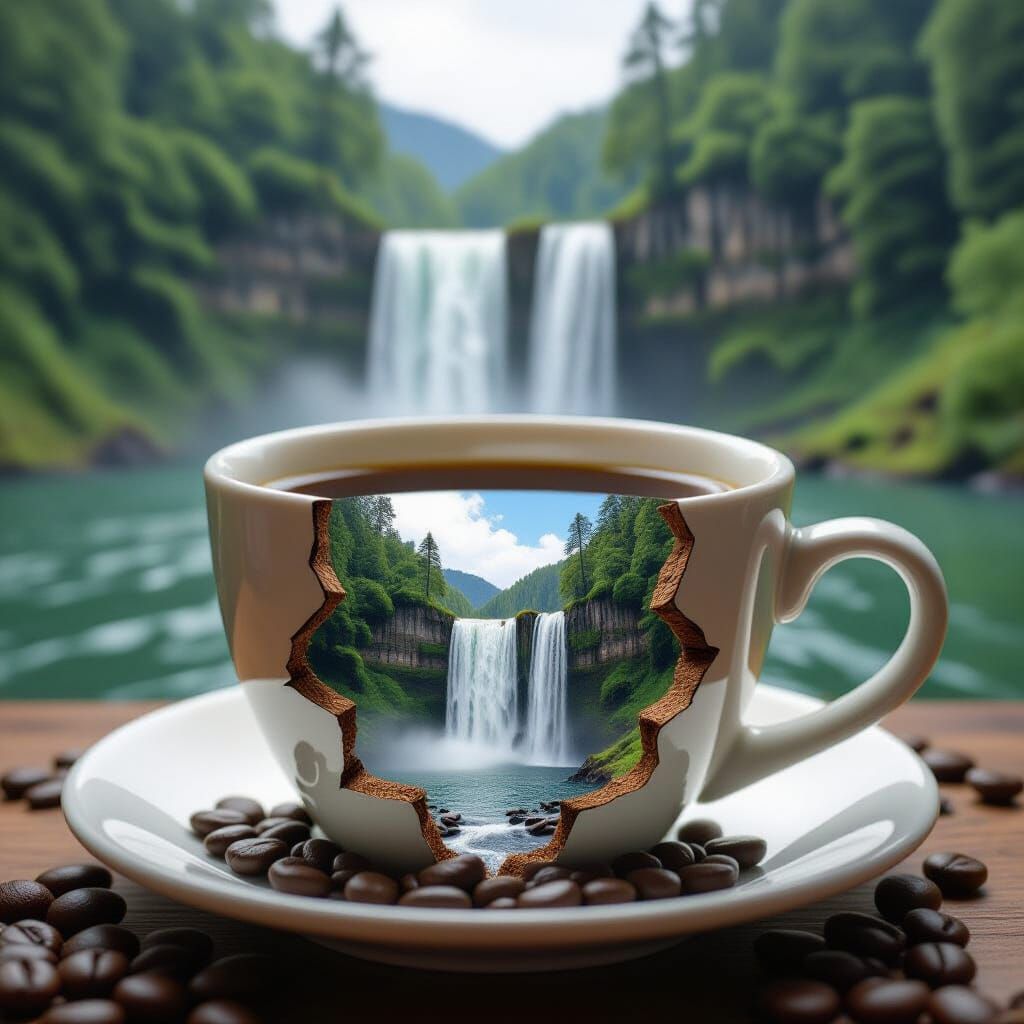 Surreal Waterfall Flows From Coffee Cup