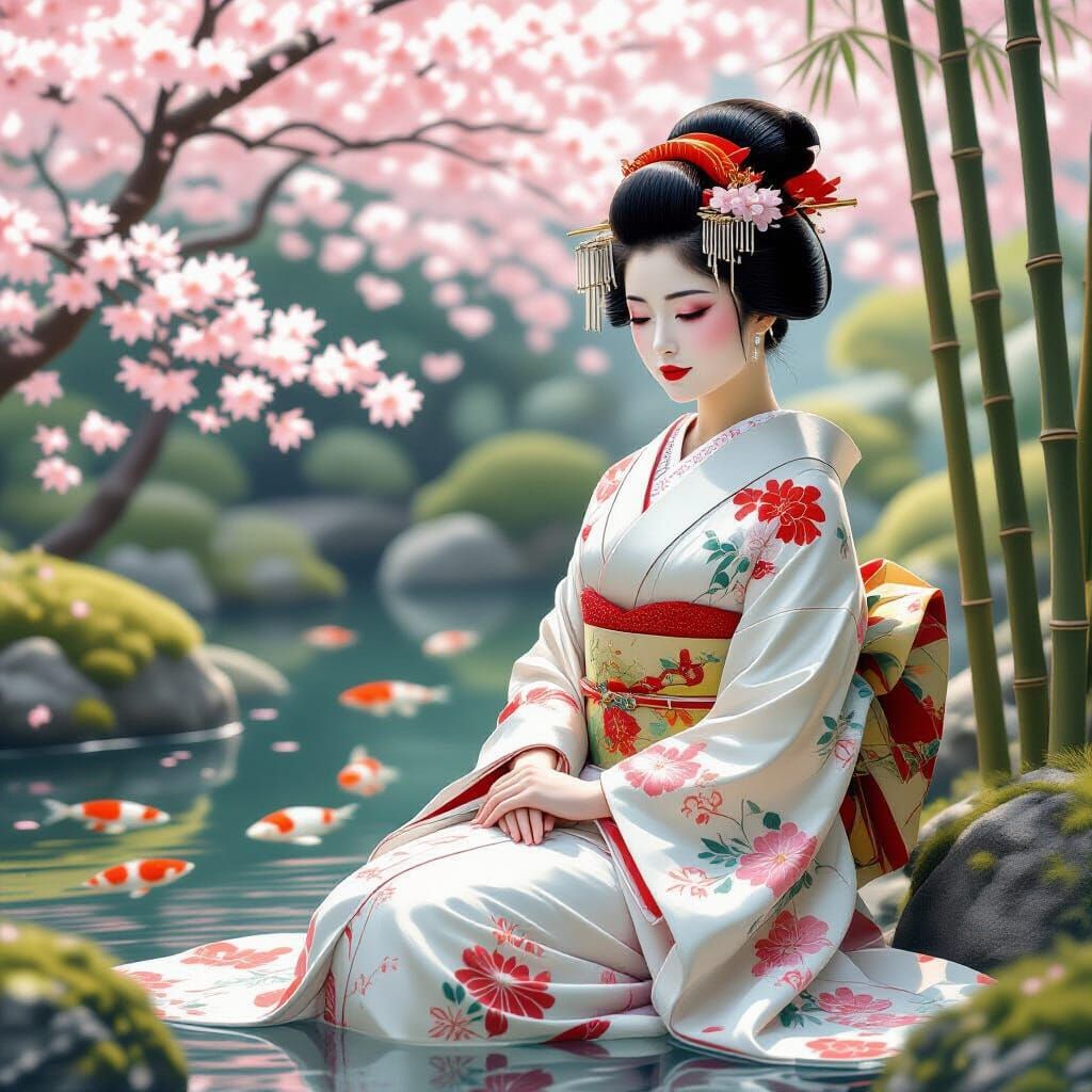 Elegant Geisha in Japanese Garden as Art Nouveau