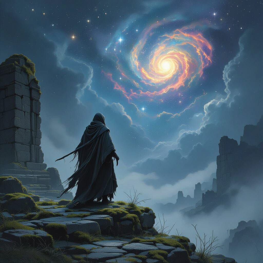 Druid Gazing at Nebula as Impasto Painting