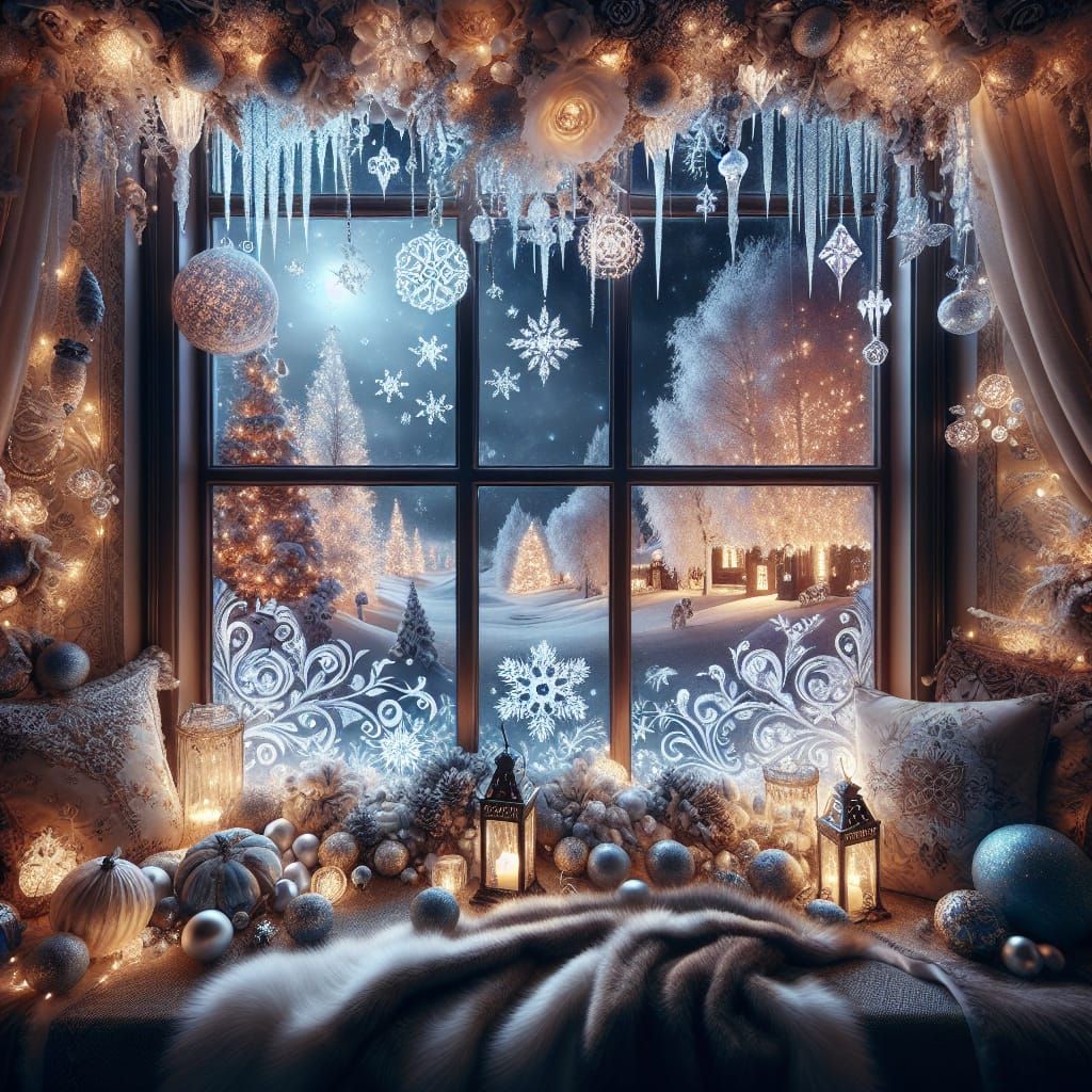 a window beautifully decorated with Christmas Lights and Orn...