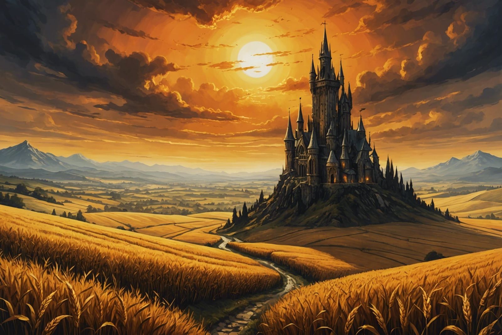 Gothic Sunset Over Wheat Field, Hyperdetailed Illustration