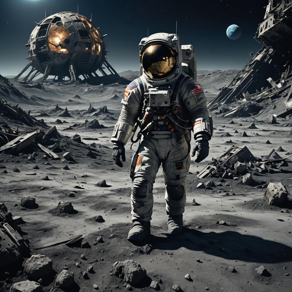 Astronaut on Lunar Surface in Gothic Dark Fantasy Style