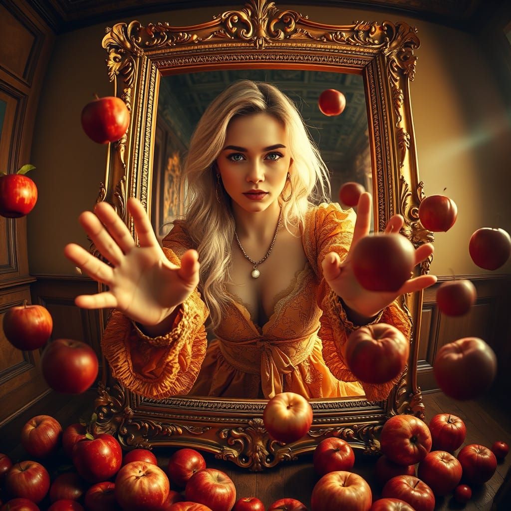 Hyper-Realistic Renaissance Goddess Stepping into a Fruit Ha...
