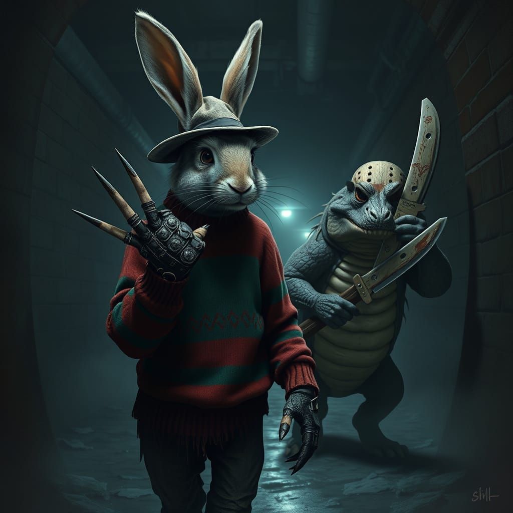 A rabbit dressed up as Freddy Krueger wondering in the sewers with a crocodile dressed up as Jason Vorhees.