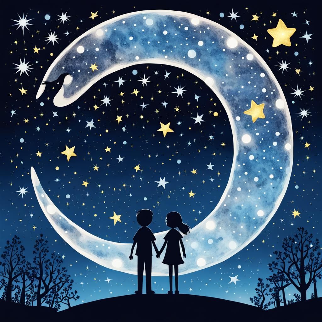 Cute Moon and Star Scene Under Sparkling Constellations