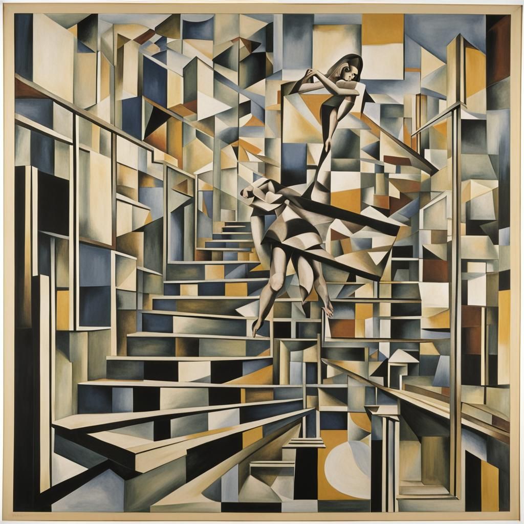 Cubist Woman Ascending Staircase in Duchamp Style