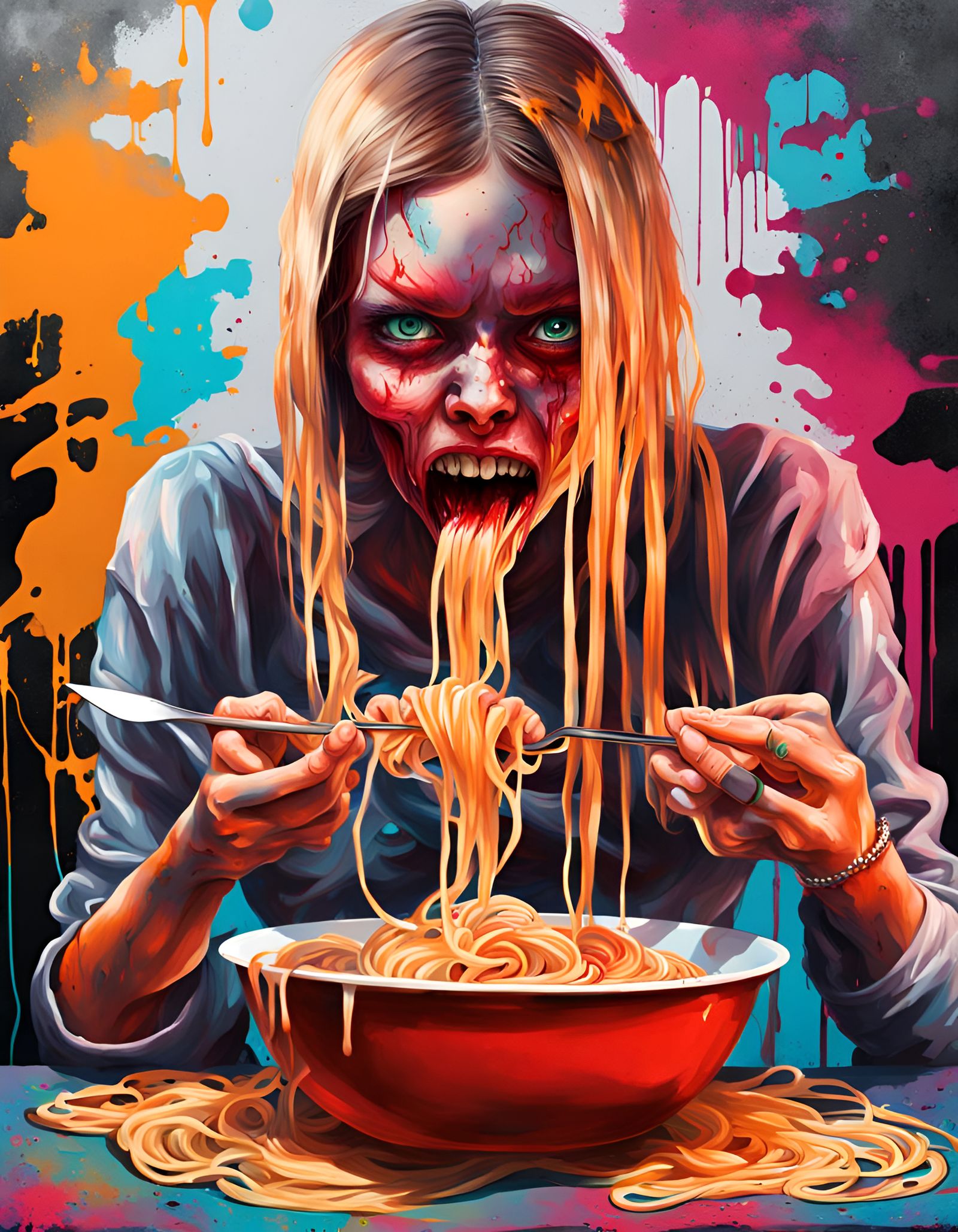 Demonic Girl eating spaghetti