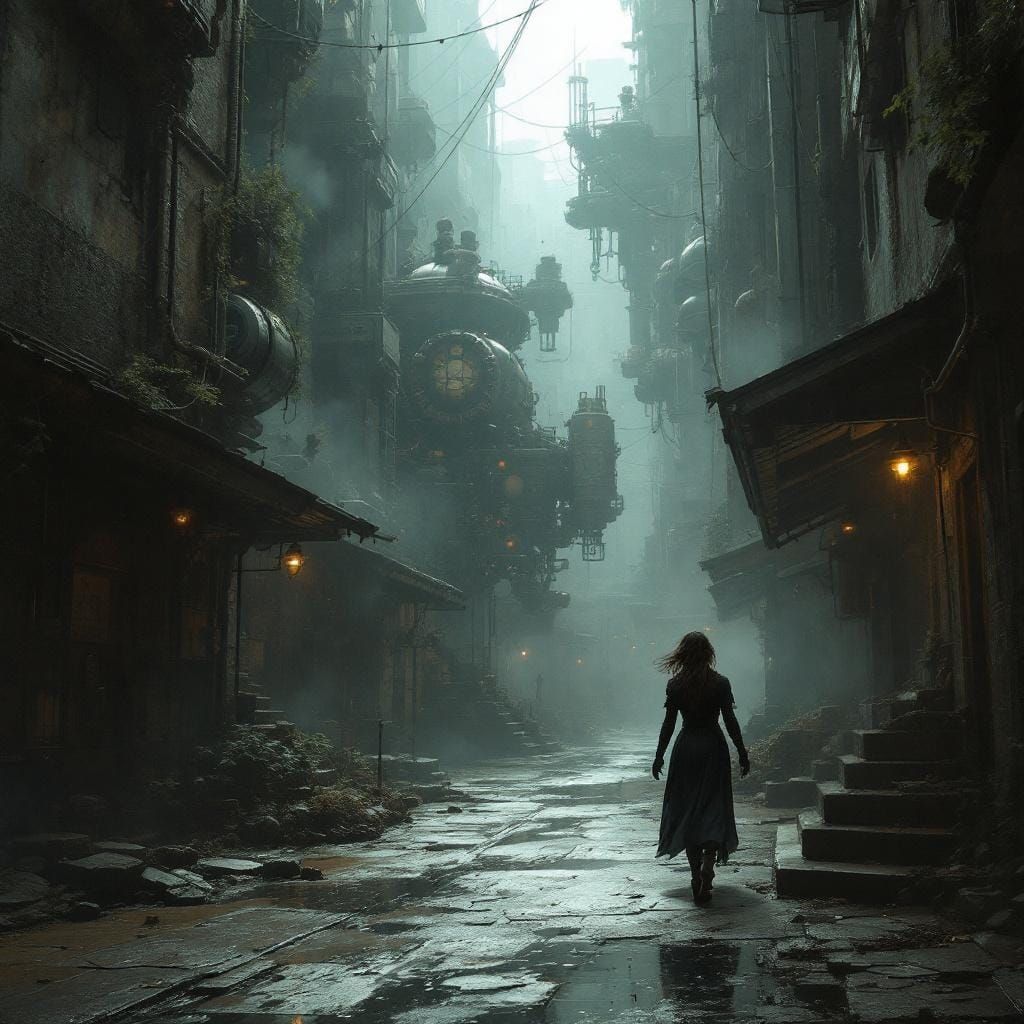 Steampunk Woman Walking Down Quiet Street