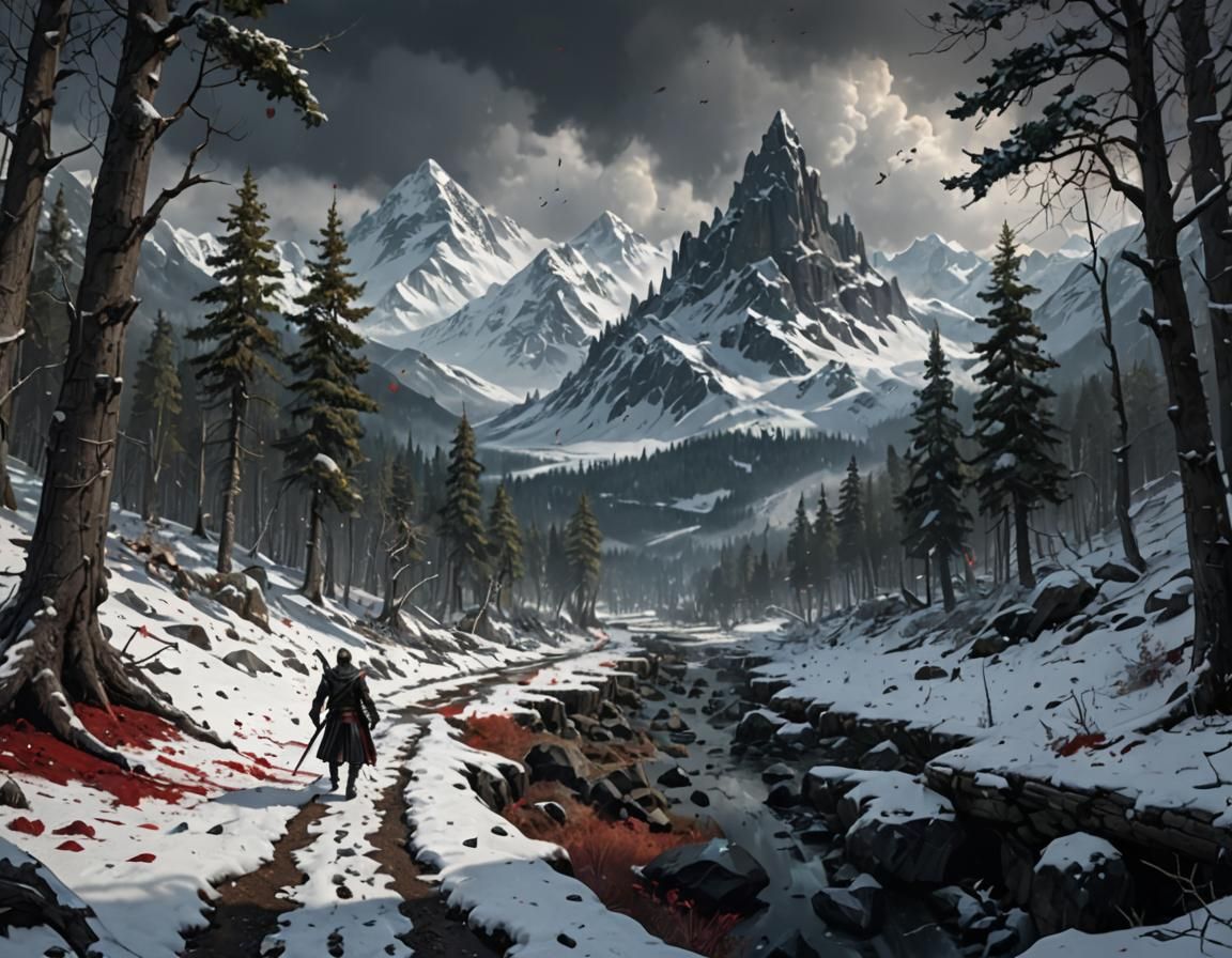 Snowy Battlefield Path with Black Sword