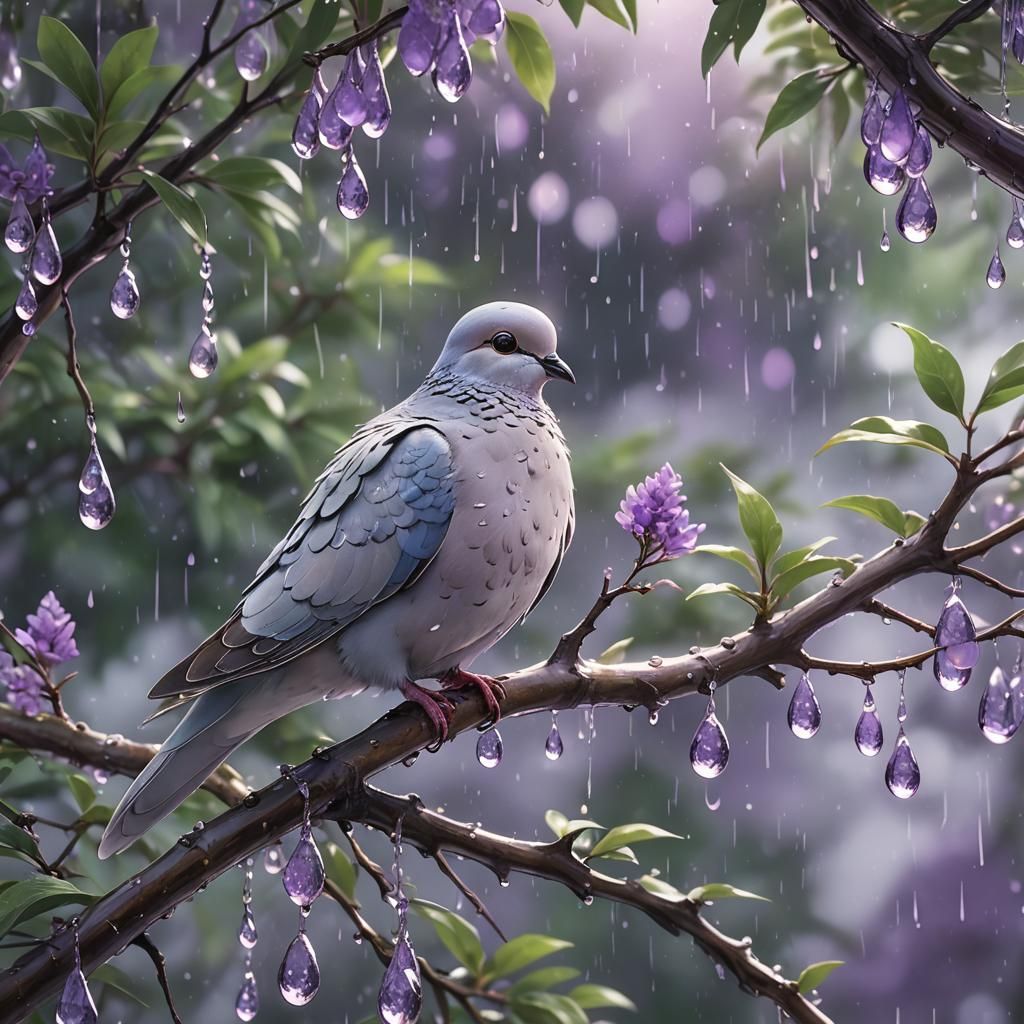 Dove in Purple Raindrops: Vibrant 3D Anime Art
