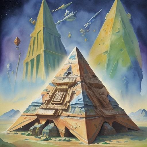 Eccentric Pyramid Spaceship Centerpiece as Gouache Painting