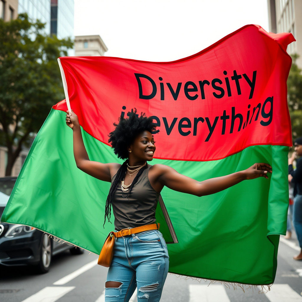 Woman Pulling Diversity Flag