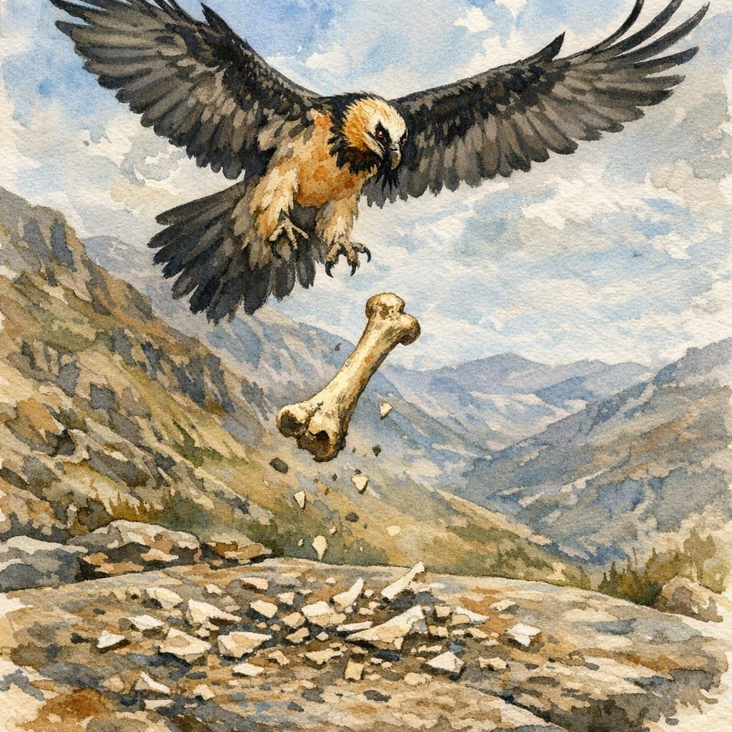 Bearded Vulture Drops Bone Onto Rocks in Lesotho