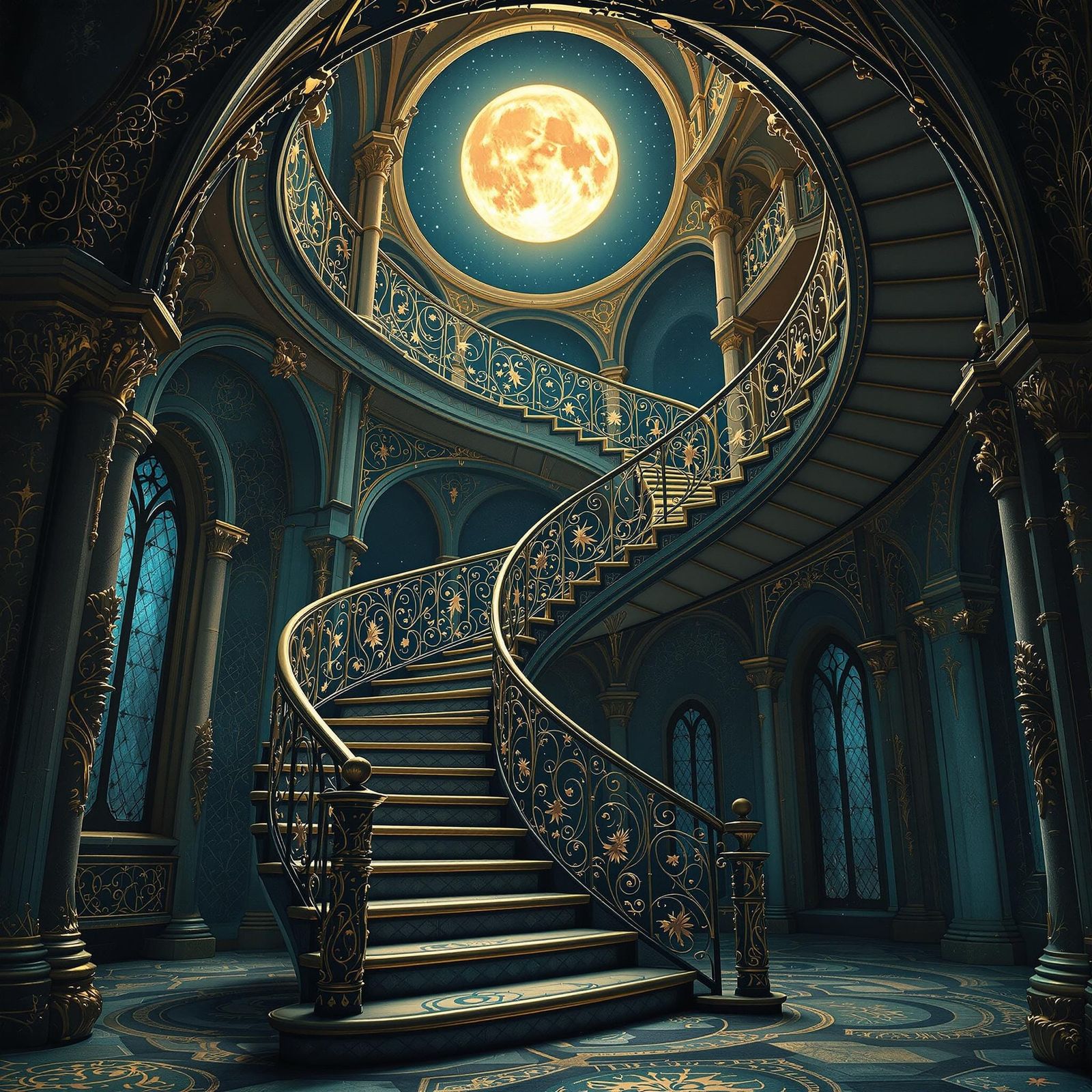 Spiral Staircase to Moonlit Castle: Art Nouveau Rococo