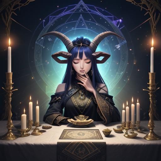 Mystical Tarot Reader with Capricorn Horns in Anime Art