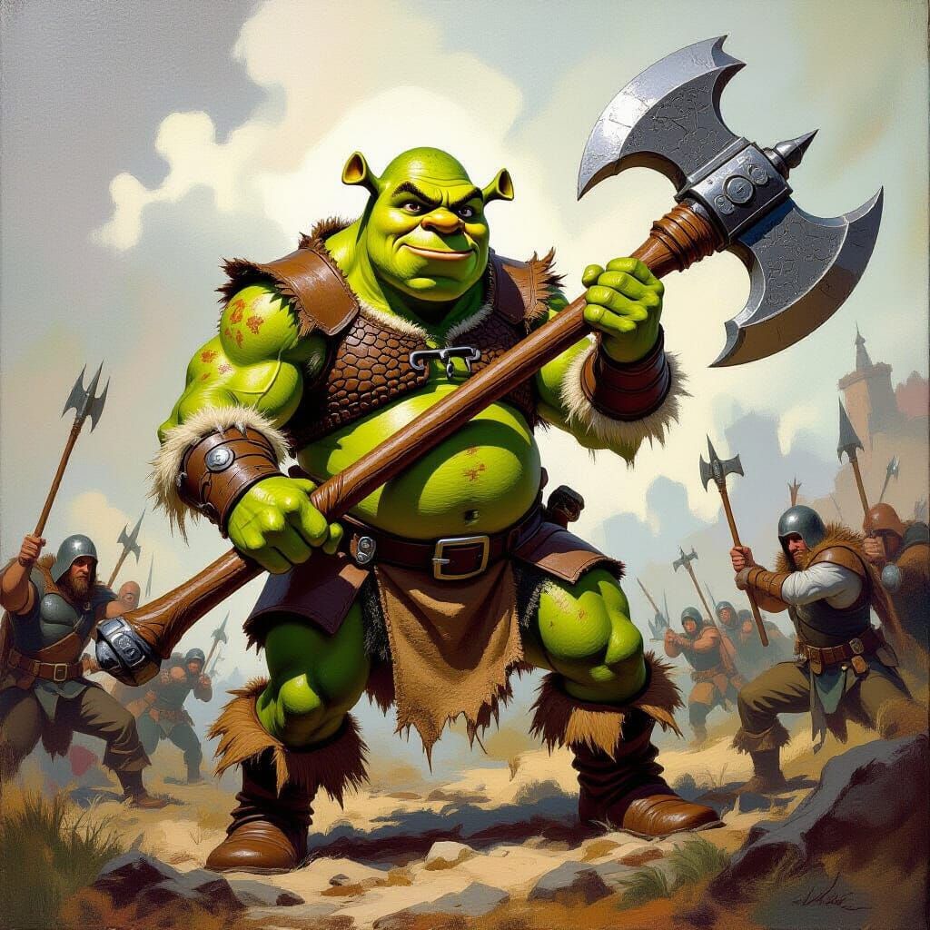 Barbarian Shrek on D&D Battlefield as Oil Painting