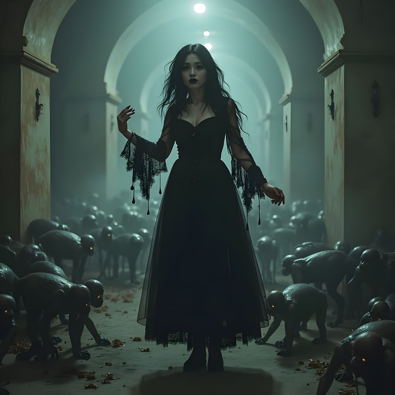 Spooky Porcelain Vampire Dances in Ghostly Temple