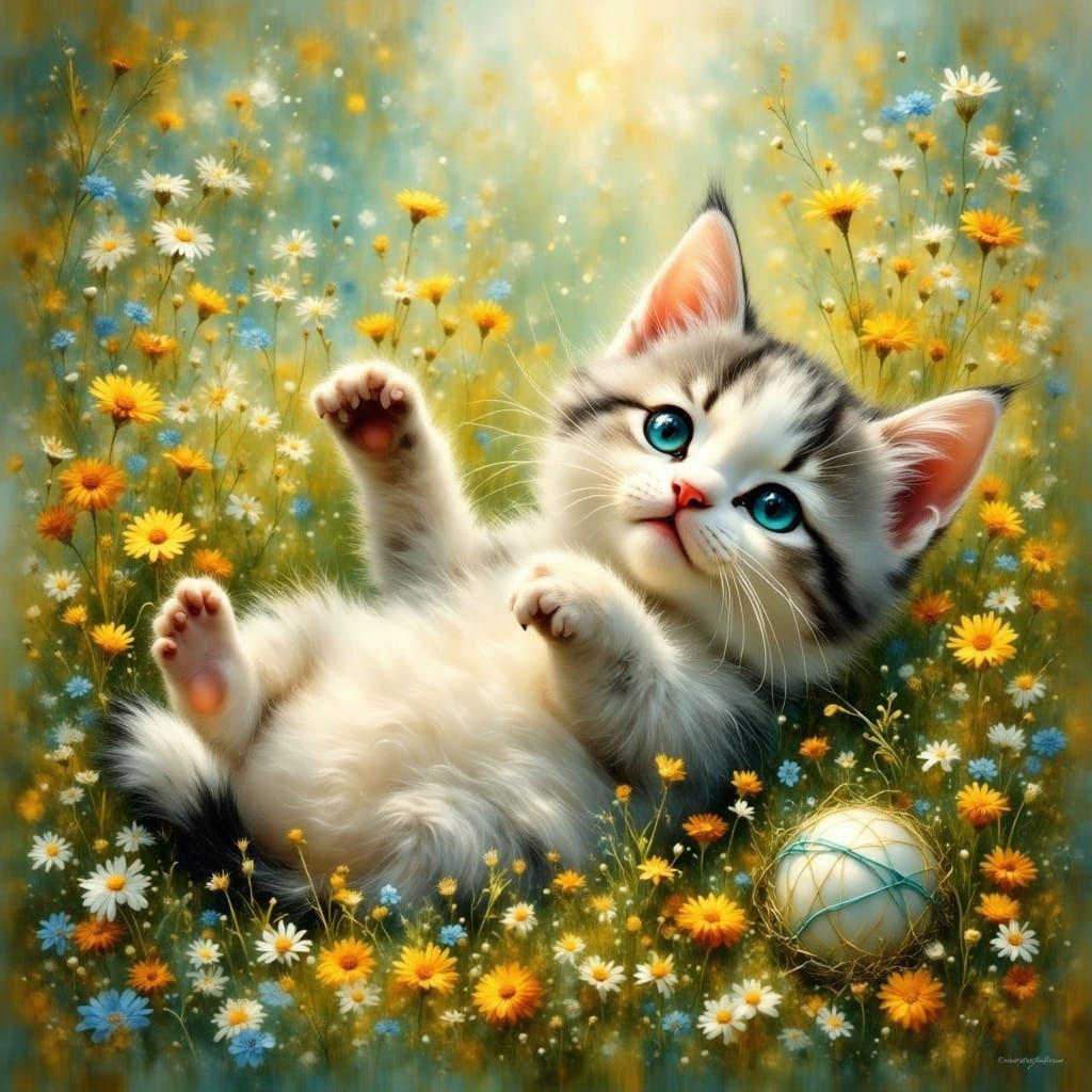 Ethereal Whimsy: A Chubby Kitten's Springtime Delight in Fan...