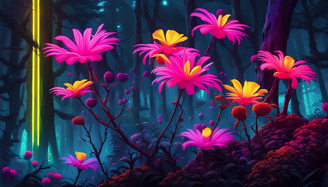 Cyberpunk Forest with Fluorescent Flowers