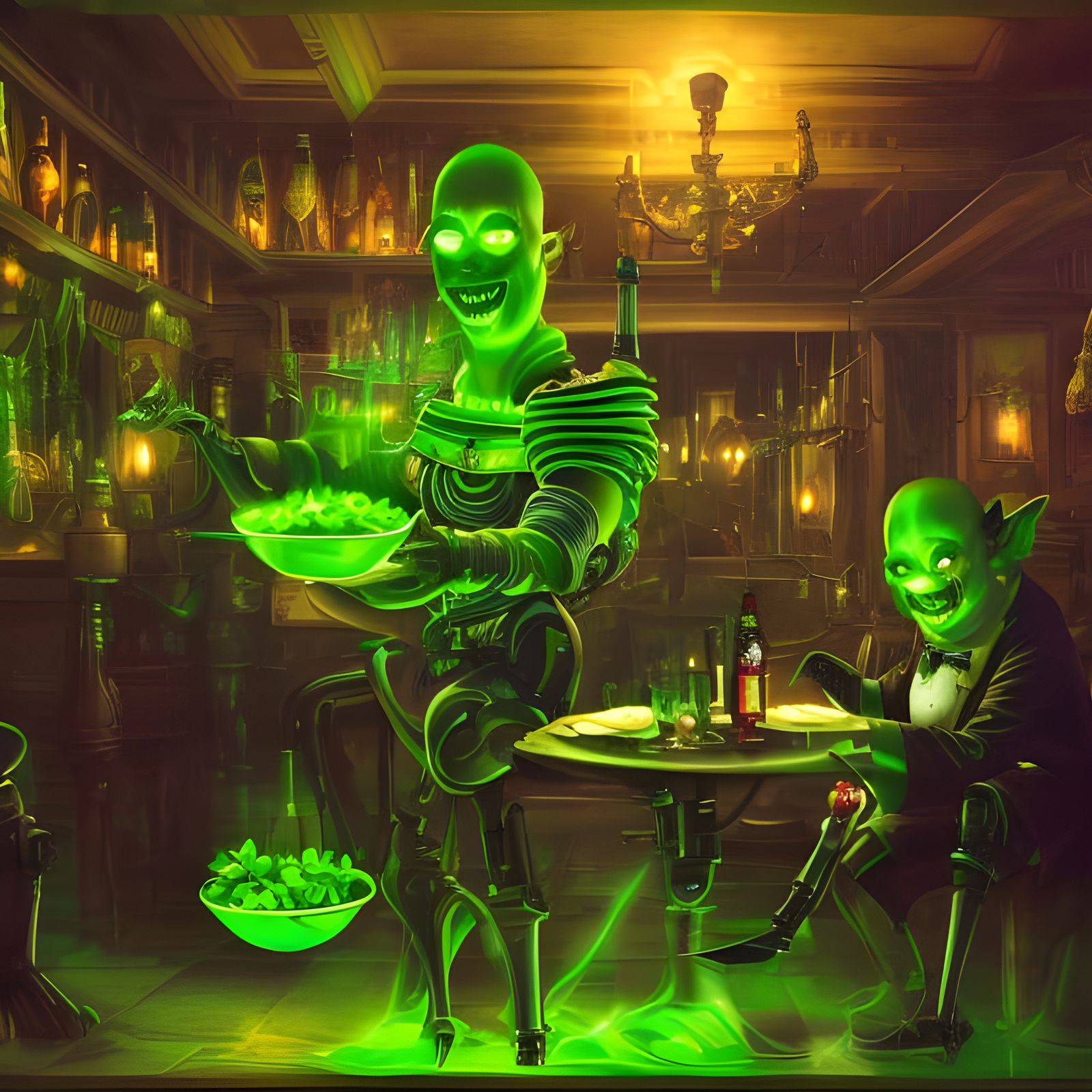 Cyborg Waiter Serves Goblins, Detailed Digital Painting