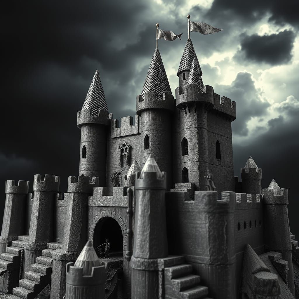 Intricate Pencil Castle Under Stormy Sky