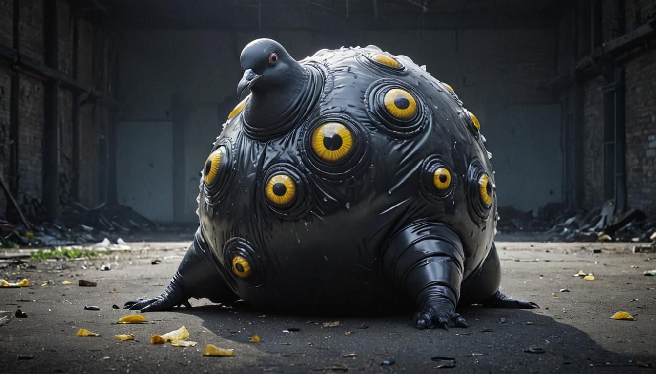 Surreal Latex Pigeon Creature in Dystopian Landscape