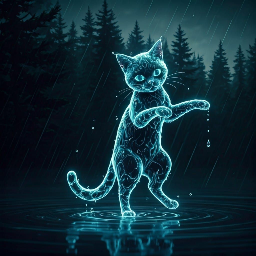 Ethereal Feline Entity Made of Glistening Water Droplets in...