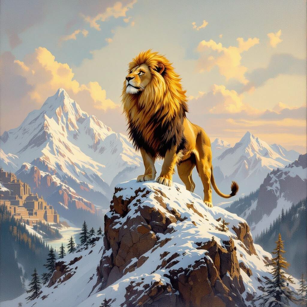 Lion King on Snow Mountain, Oil Painting