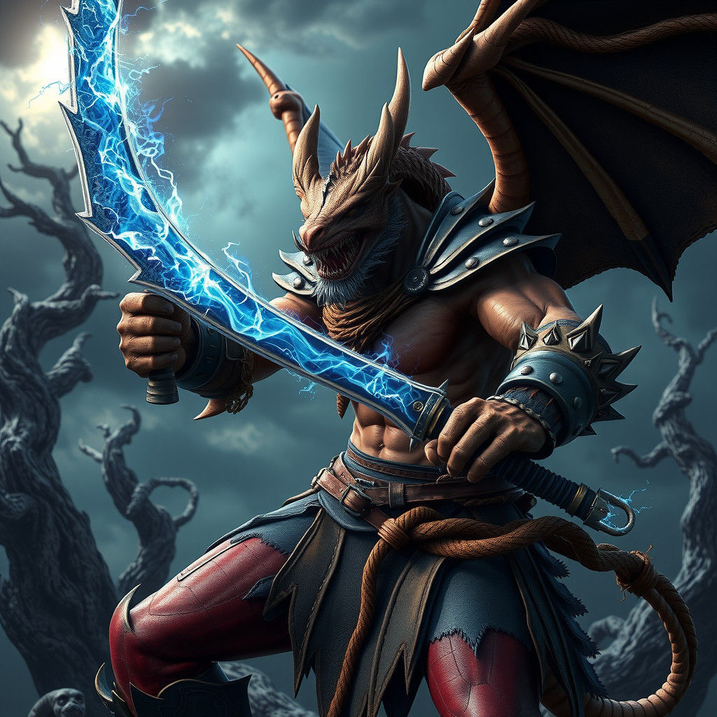 Dragon Warrior with Electric Sword in Dark Fantasy Scene