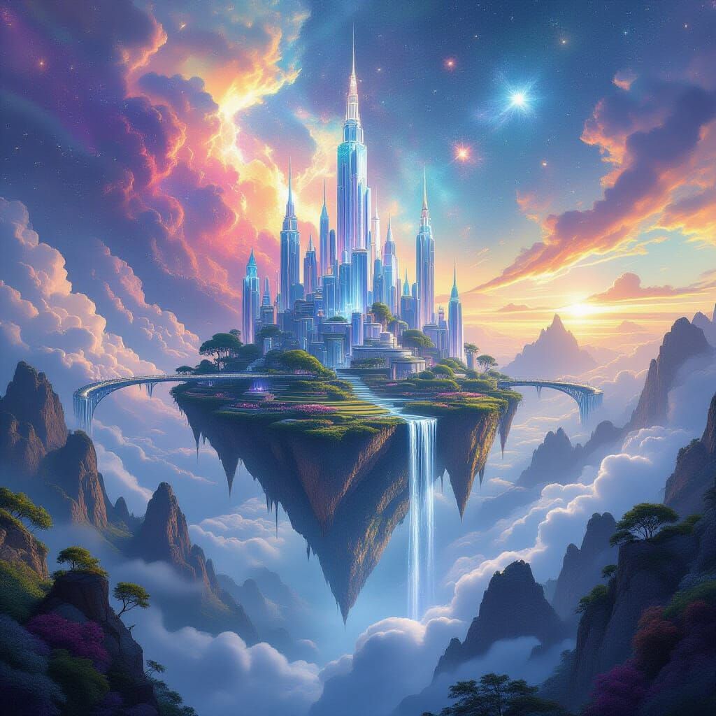Floating Island City in Nebula, Photorealistic Fantasy Art