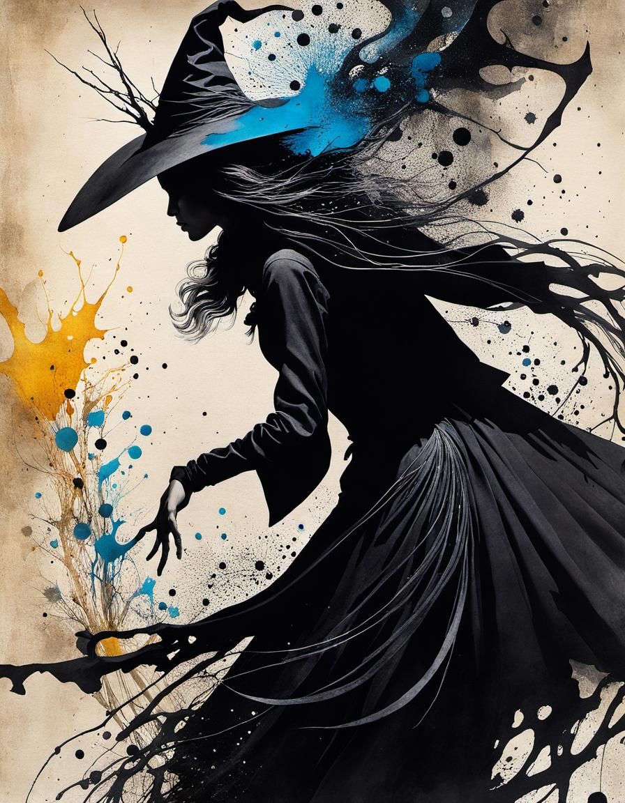 Dramatic Witch Harnessing Magic Power in Ink Splatter Art