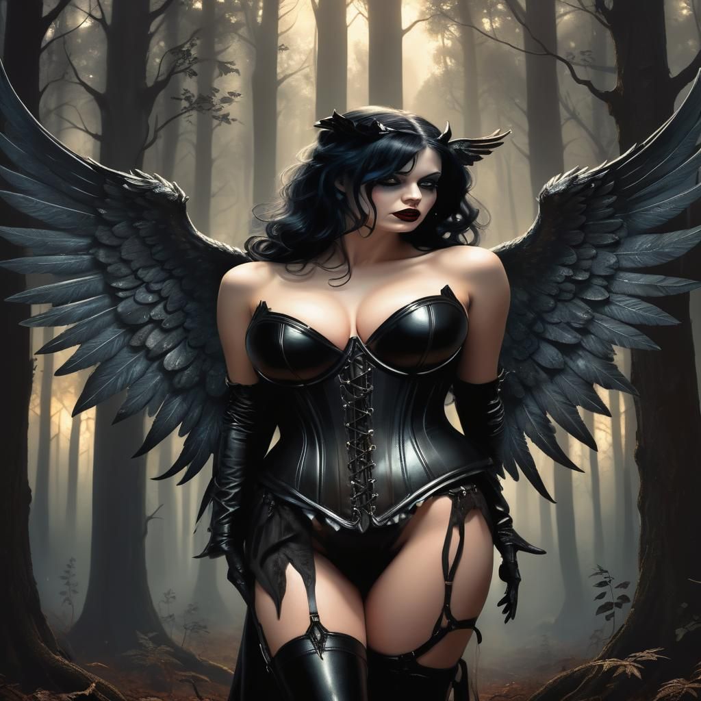 Demonic Pinup with Black Angelic Wings