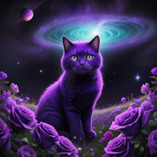 Purple Kitty in Cosmic Rose Field with Sky Text