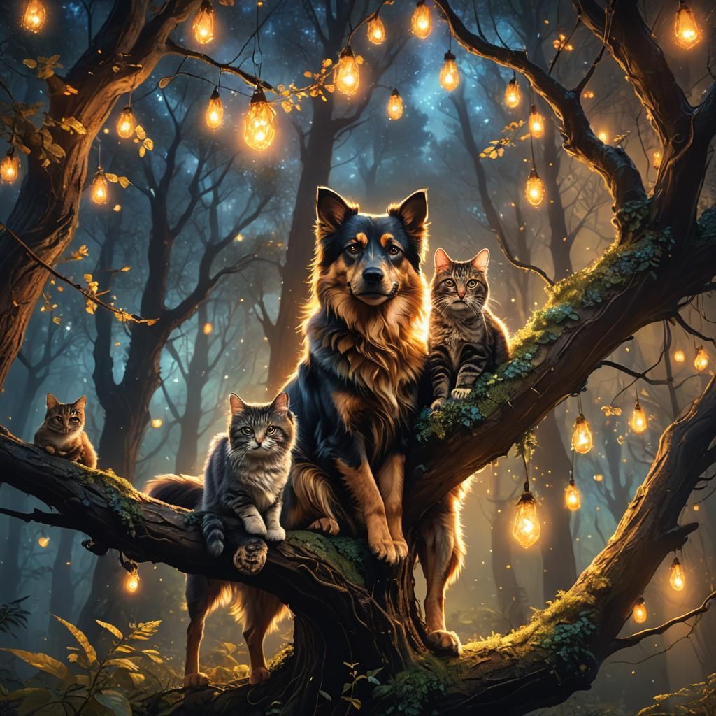 Dog and Cat in Mystical Forest, Matte Painting