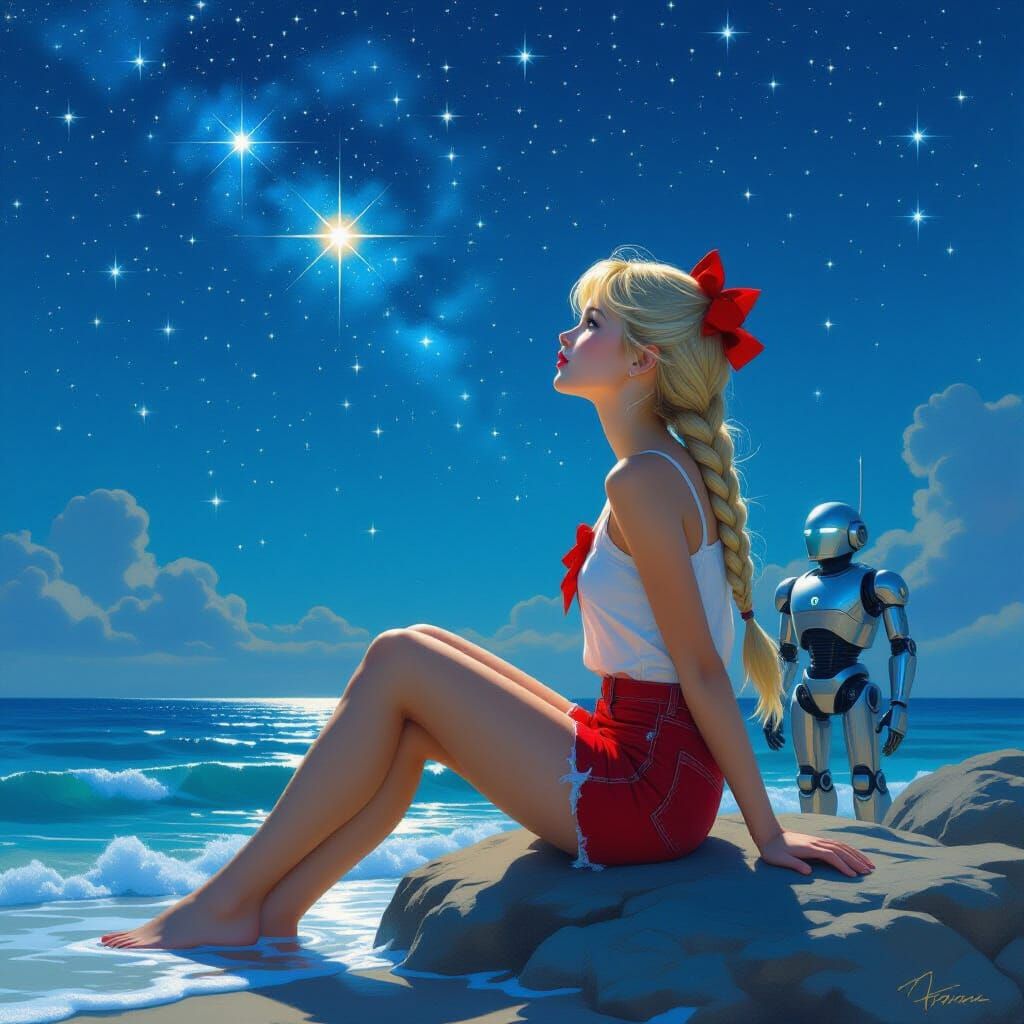 Girl Gazes at Orion Under Maxfield Parrish Sky
