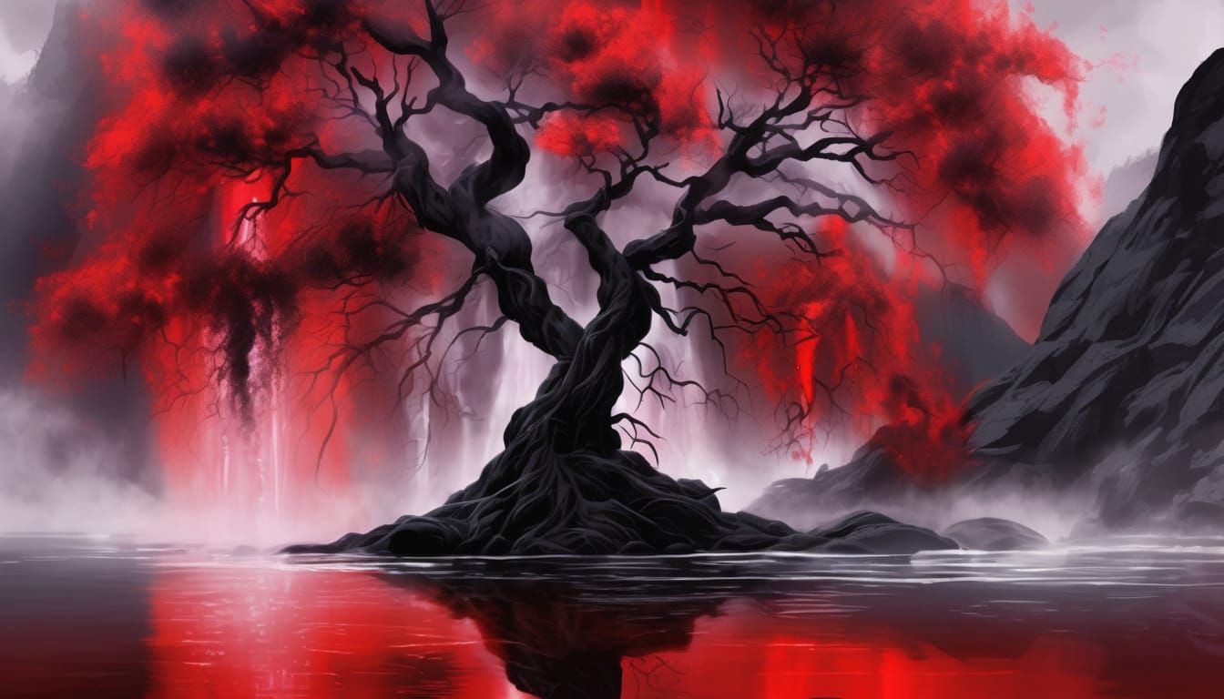 Dark Fantasy Digital Art: Black Tree Amidst Red Waterfall