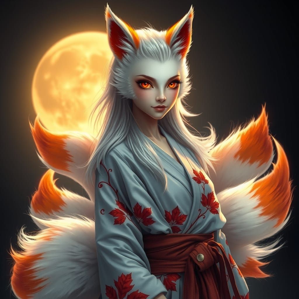 Photorealistic full body picture of a Kitsune woman. Bathed in moonlight, the Kitsune stands gracefully. Her nine, fluff...