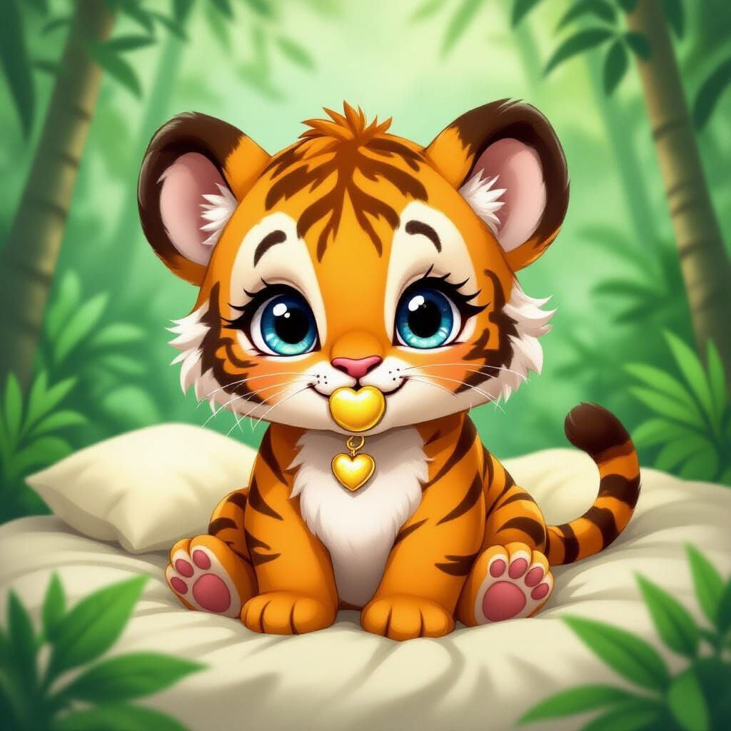Cute Chibi Tiger Baby with Sapphire Eyes in Jungle